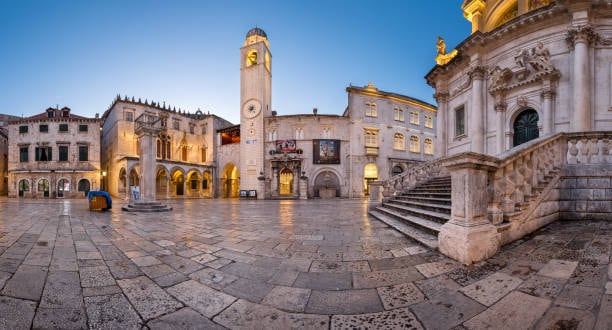 Luža Square in Dubrovnik with the bell tower and St Blaise's Church
