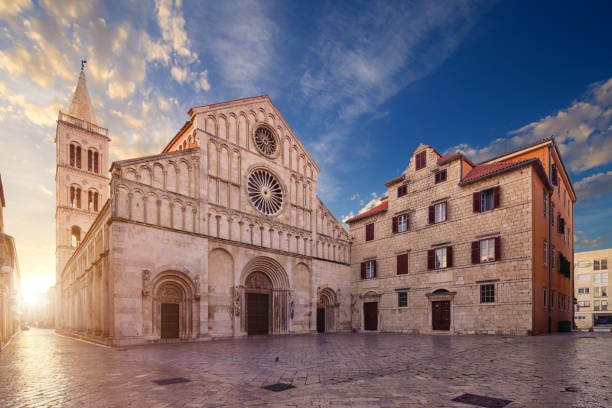 Cathedral of St Anastasia and its bell tower in Zadar, in golden light